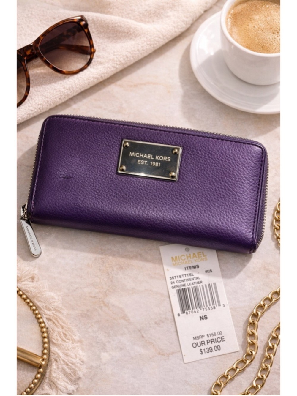 Michael Kors Iris Purple Continental Zip Wallet Leather EUC Silver Logo